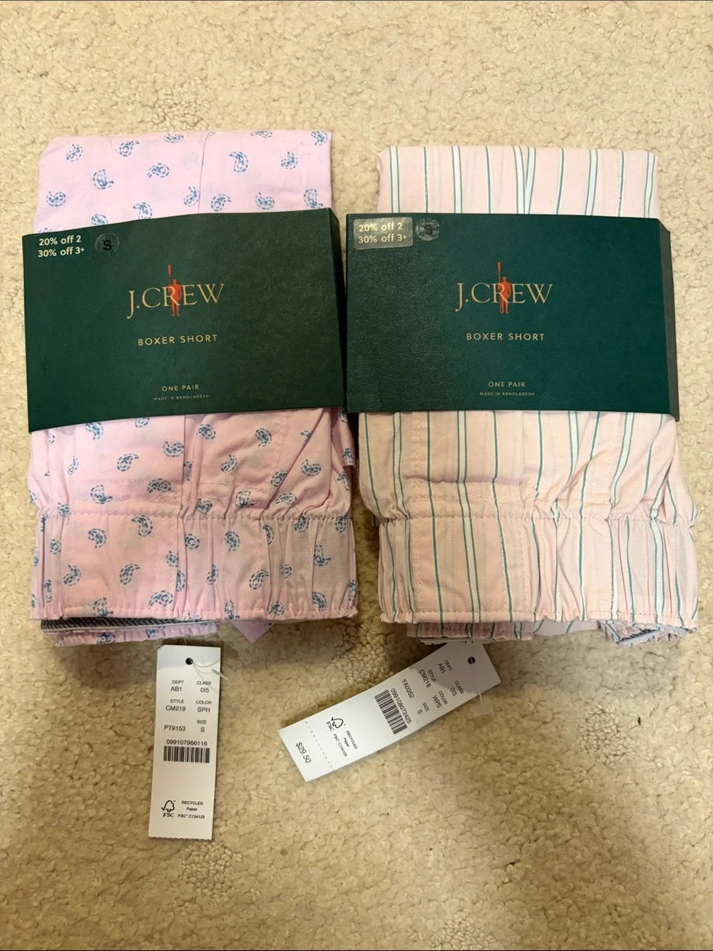 New With Tags J. Crew Pink Paisley & Stripe Boxer Shorts Two-Pack Size Small